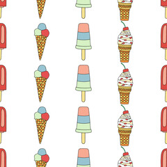 Bright seamless illustration with ice cream. Summer dessert. Vector drawing on a white background.