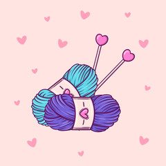 Hand drawn two skeins of yarn and needles in doodle style on pink background with hearts