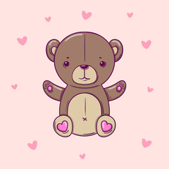 Hand drawn teddy bear on pink background with hearts