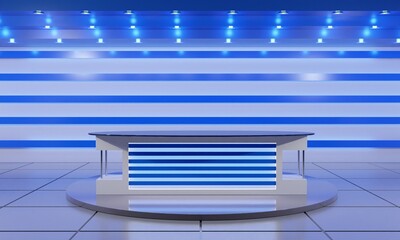 white table on stand with blue light background in a news studio room.3d rendering.