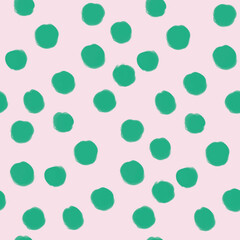Simple Dotted Seamless Vector Pattern. Irregular Green Brush Dots on a Pastel Pink Background. Hand Drawn Geometric Print ideal for Fabric, Textile, Wrapping Paper. Trendy Modern Repeatable Design.