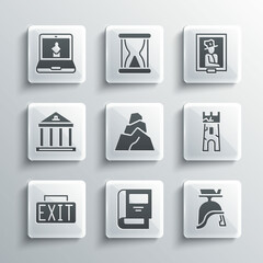 Set History book, Roman army helmet, Castle tower, Rock stones, Exit sign, Museum building, Online museum and Portrait icon. Vector