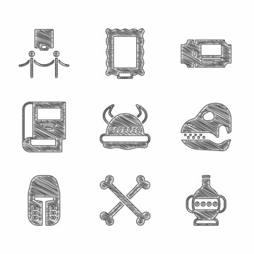 Set Viking in horned helmet, Crossed human bones, Ancient amphorae, Dinosaur skull, Medieval iron, History book, Museum ticket and Picture and rope barrier icon. Vector