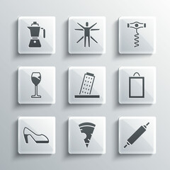 Set Slice of pizza, Rolling pin, Picture, Tower Pisa, Woman shoe, Wine glass, Coffee moca pot and corkscrew icon. Vector