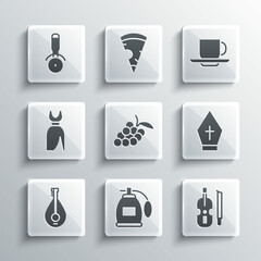 Set Perfume, Violin, Pope hat, Grape fruit, Mandolin, Woman dress, Pizza knife and Coffee cup icon. Vector