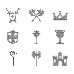 Set Medieval chained mace ball, axe, Castle, fortress, goblet, Magic staff, Shield, King crown and shield with swords icon. Vector