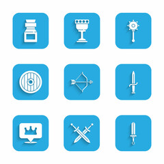 Set Medieval bow and arrow, Crossed medieval sword, Dagger, Location king crown, Round wooden shield, chained mace ball and Poison bottle icon. Vector