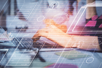 Multi exposure of woman hands working on computer and data theme hologram drawing. Tech concept.