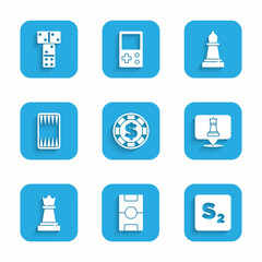 Set Casino chip with dollar, Hockey table, Bingo, Chess, Backgammon board, and Domino icon. Vector