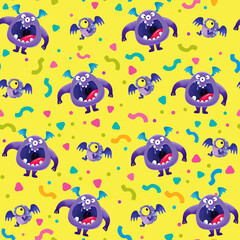 Naklejka premium Purple monsters and confetti, Seamless pattern on a yellow background. Cheerful childrens multicolored illustration in cartoon style, hand drawing