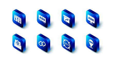 Set Advertising, Board with graph chart, SEO optimization, Chain link, Mail and e-mail and Browser setting icon. Vector