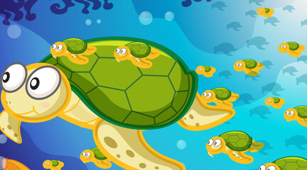 Underwater scene with many turtles swimming