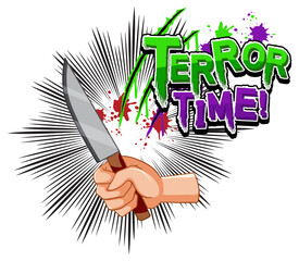 Terror time text design with knife in a hand