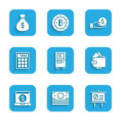 Set ATM, Stacks paper money cash, Chalkboard with diagram, Wallet, Laptop dollar, Calculator, Hand giving and Money bag icon. Vector