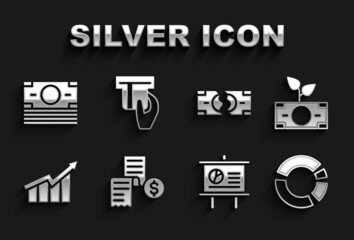 Set Paper or financial check, Pie chart infographic, Chalkboard with diagram, Financial growth increase, Tearing money banknote, Stacks paper cash and Credit card inserted icon. Vector