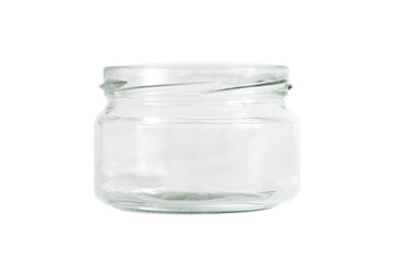 Empty transparent glass jar. Glass jar for spices. Isolated on white background.