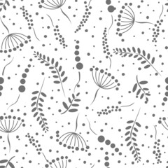 Seamless pattern. Gray plants on a white background. The pattern includes leaves, grass, dots, flowers. Vector illustration for surface design, print, poster, web, graphic design, wallpaper, textile.