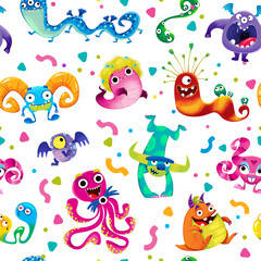 Fototapeta na wymiar Monsters and colorful aliens, Seamless pattern on a white background. Cheerful childrens multicolored illustration with cute funny and childish characters in cartoon style, hand drawing