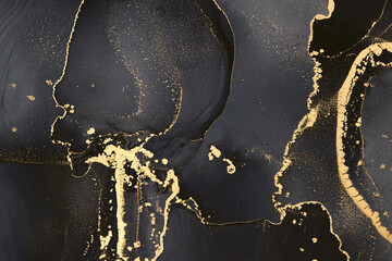 Luxury painting background in alcohol ink style. Black with gold color.