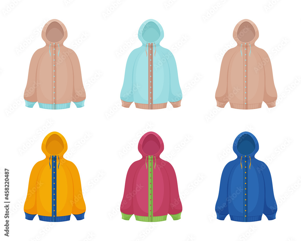 Poster a large set of autumn-winter jackets of different colors. jackets with a hood. warm hoodies for walk