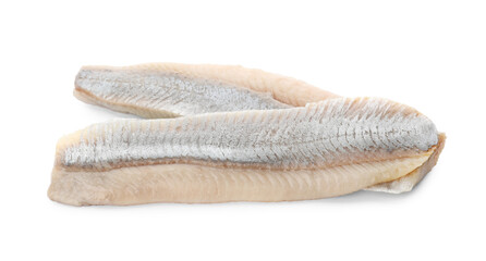 Delicious salted herring fillets on white background - obrazy, fototapety, plakaty