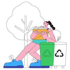 Woman put rubbish in trash bin, dumpster or container. Happy character practice garbage collection, sorting and recycling. Cartoon vector illustration of people with outline for posters, app, website.
