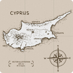 Vintage Map of Cyprus. Hand drawn vector illustration.