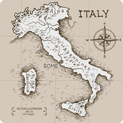 Vintage Map of Italy. Hand drawn vector illustration.