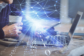 Multi exposure of man's hands holding and using a digital device and data theme drawing. Innovation concept.