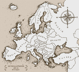 Vintage Map of Europe. Hand drawn vector illustration. © NataKitt