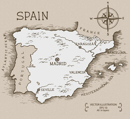 Vintage Map of Spain. Hand drawn vector illustration.