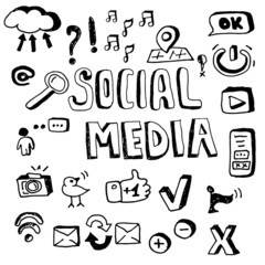 Vector hand drawn social media icons set and text social media. Sketch.