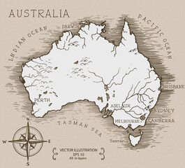 Vintage Map of Australia. Hand drawn vector illustration. © NataKitt