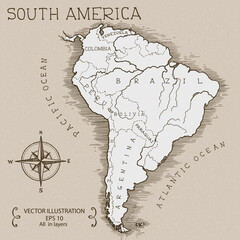 Vintage Map of South America. Hand drawn vector illustration.