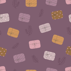 The Christmas pattern. Gift boxes and Christmas tree branches. Vector illustration