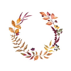 Fototapeta na wymiar Fall botanical wreath with orange and yellow leaves, arrngement with berries foliage. Autumn invitation template. Holiday card.