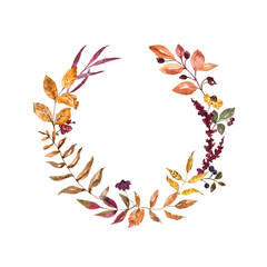 Fall botanical wreath with orange and yellow leaves, arrngement with berries foliage. Autumn invitation template. Holiday card.