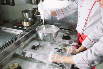 Sanitary day in the restaurant. Repeats wash your workplace. Cooks wash oven, stove and extractor in the Restaurant.