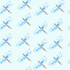 Vector watercolo seamless pattern with dragonfly.