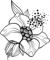 Black line floral arrangement, fancy outline flowers with leaves and pollen on white background, hand drawn botanical illustration