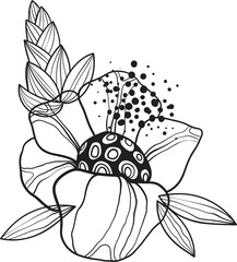 Black line floral arrangement, fancy outline flowers with leaves and pollen on white background, hand drawn botanical illustration