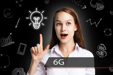 Business, Technology, Internet and network concept. Young businessman working on a virtual screen of the future and sees the inscription: 6G