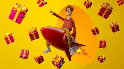 Happy Young Kid 3D Cartoon Character Flying Sitting on a Rocket on Yellow Background with Presents