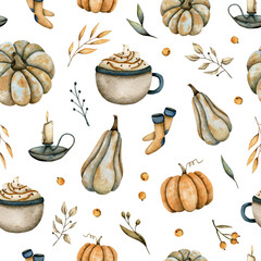 Watercolor seamless autumn pattern with coffee, leaves, candles, candlesticks and sea buckthorn on a white background