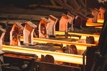 Fototapeta na wymiar Hot billet (bloom) continuous casting, also called strand casting