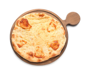 Delicious khachapuri with cheese on white background, top view