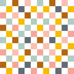 Colorful checkered pattern. Seamless vector abstract geometric pattern in blue, pink, brown, and orange. - 458223057