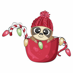 Cute christmas sloth. Winter holidays. Vector illustration.