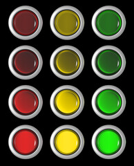 Red, yellow and green buttons of different light activity for switching on and off.  3d render