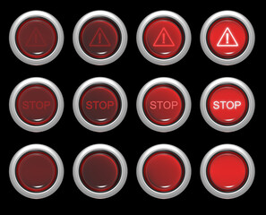 Red buttons of different light activity of switching on with the sign attention and the word "Stop".  3d render